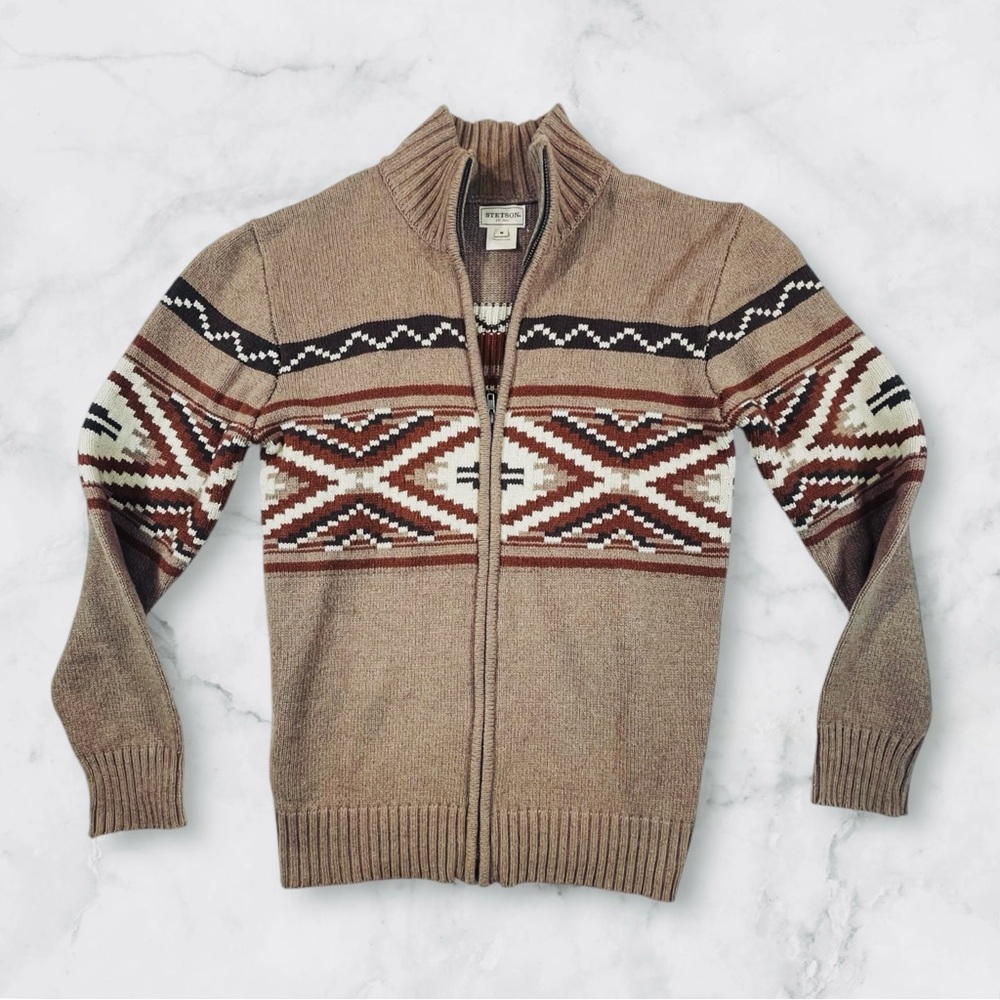 Stetson Aztec Full Zip Sweater Mens Medium Brown‎ Cotton Wool
